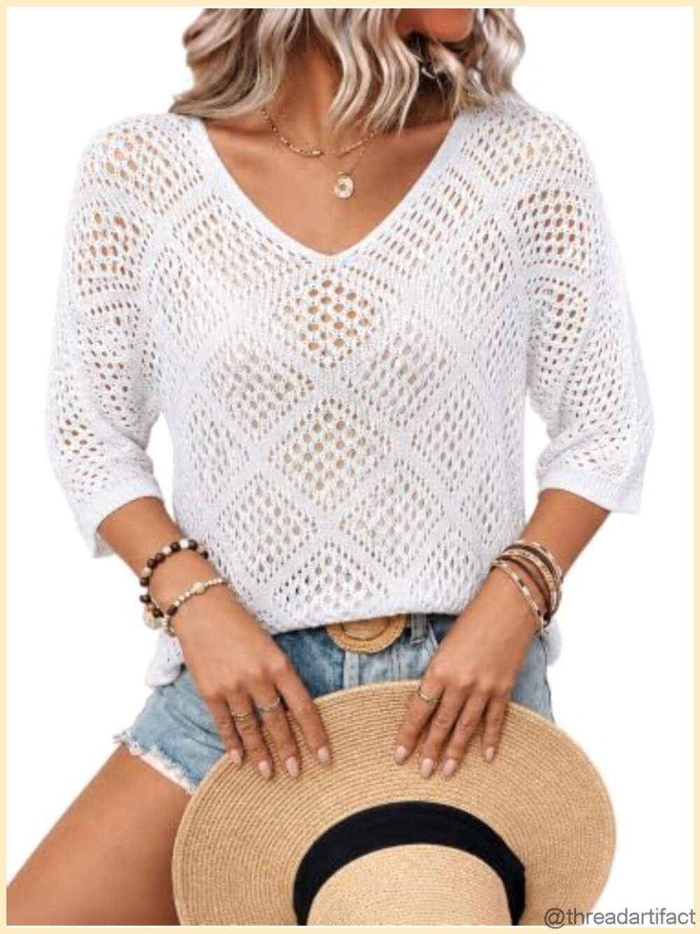 Crochet Hollow Out 3/4 Sleeve Pullover Sweater